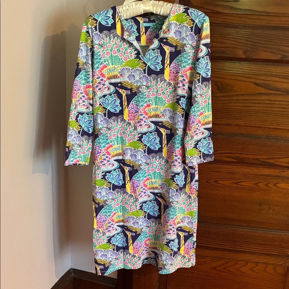 J. McLaughlin Navy Tunic with Multicolor Peacock Motif